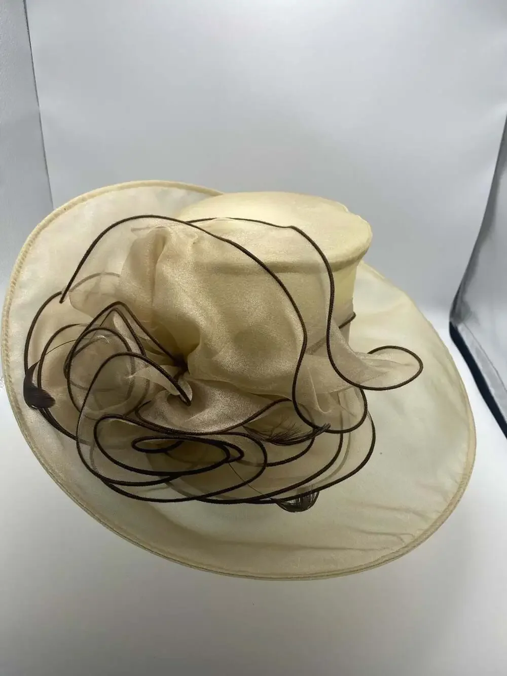 Mufeng Ladies Church Hat Organza Retro Elegant Wide Brim beige, One size